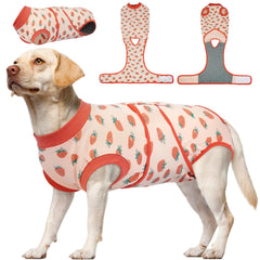 Kuoser dog recovery suit pink strawberry front view for comfortable post-surgery movement