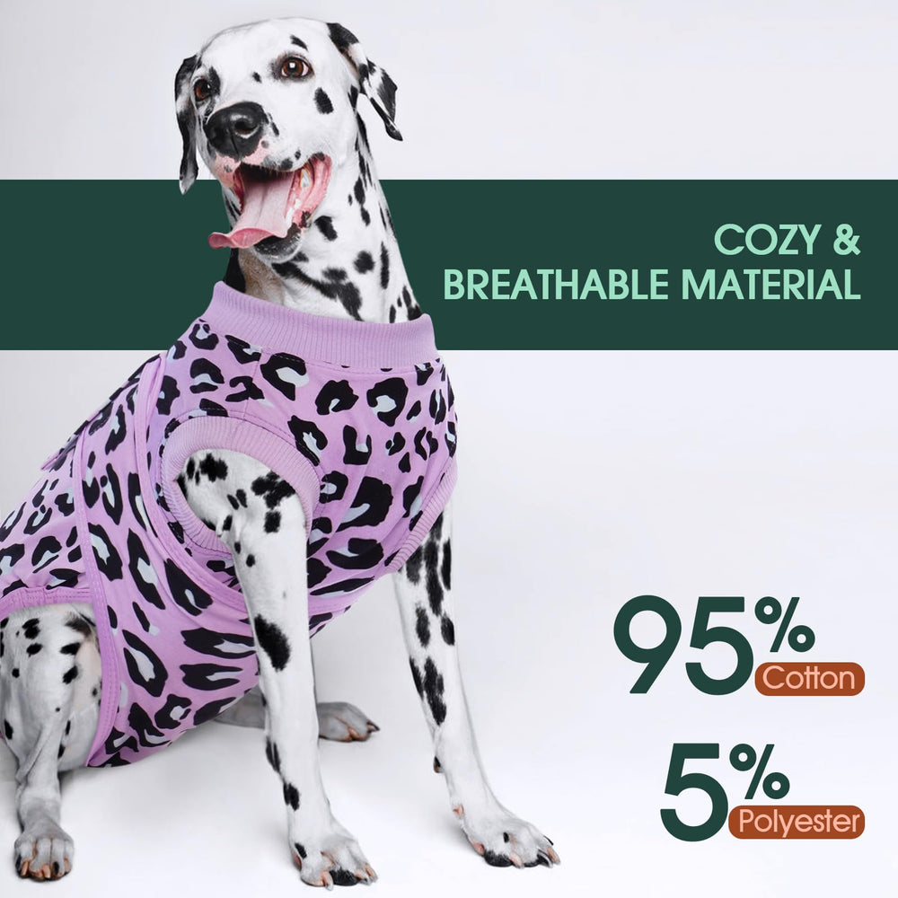 Back view of Kuoser purple leopard dog recovery suit offering full-body coverage.