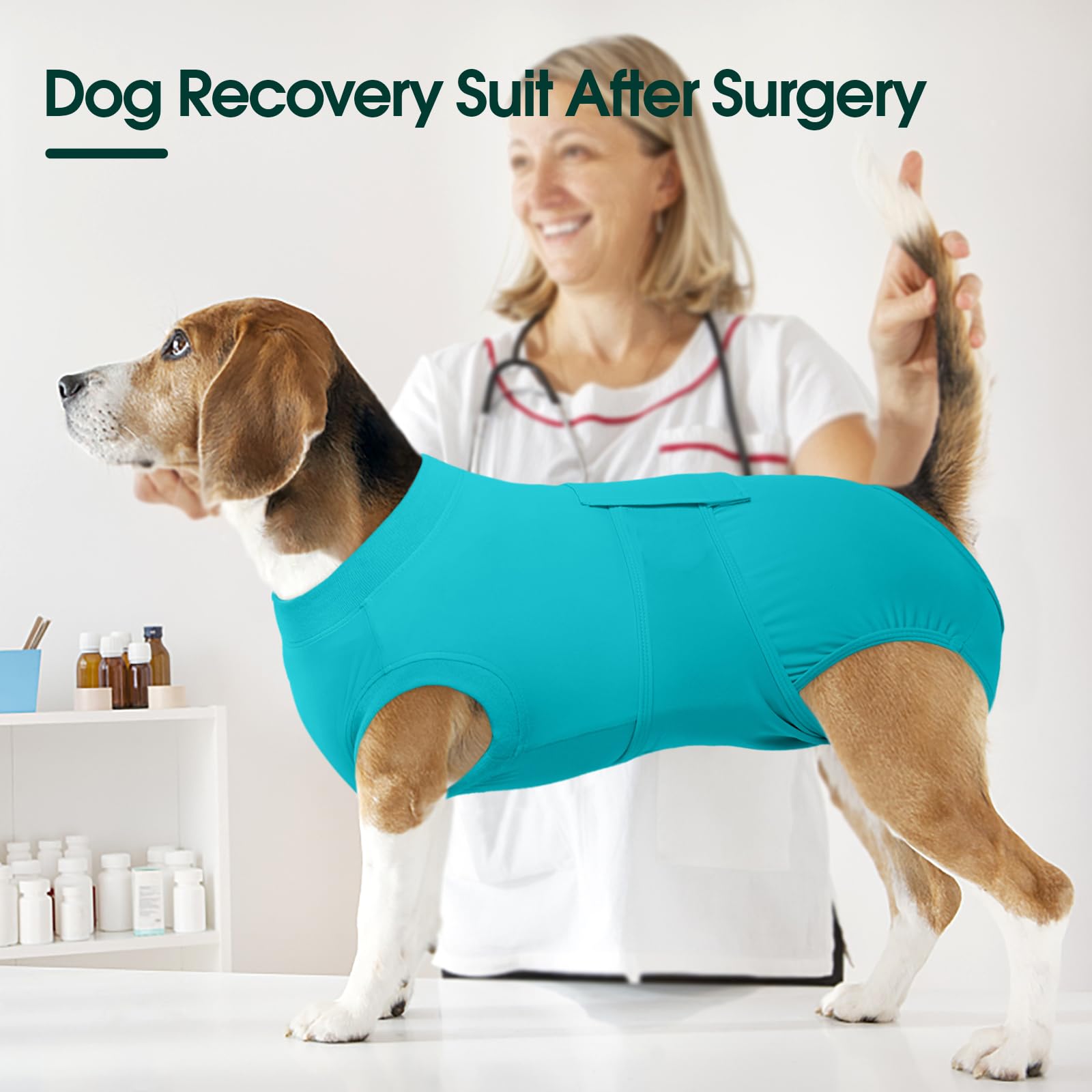 Kuoser dog recovery suit skin-care use showing soothing coverage for wounds.