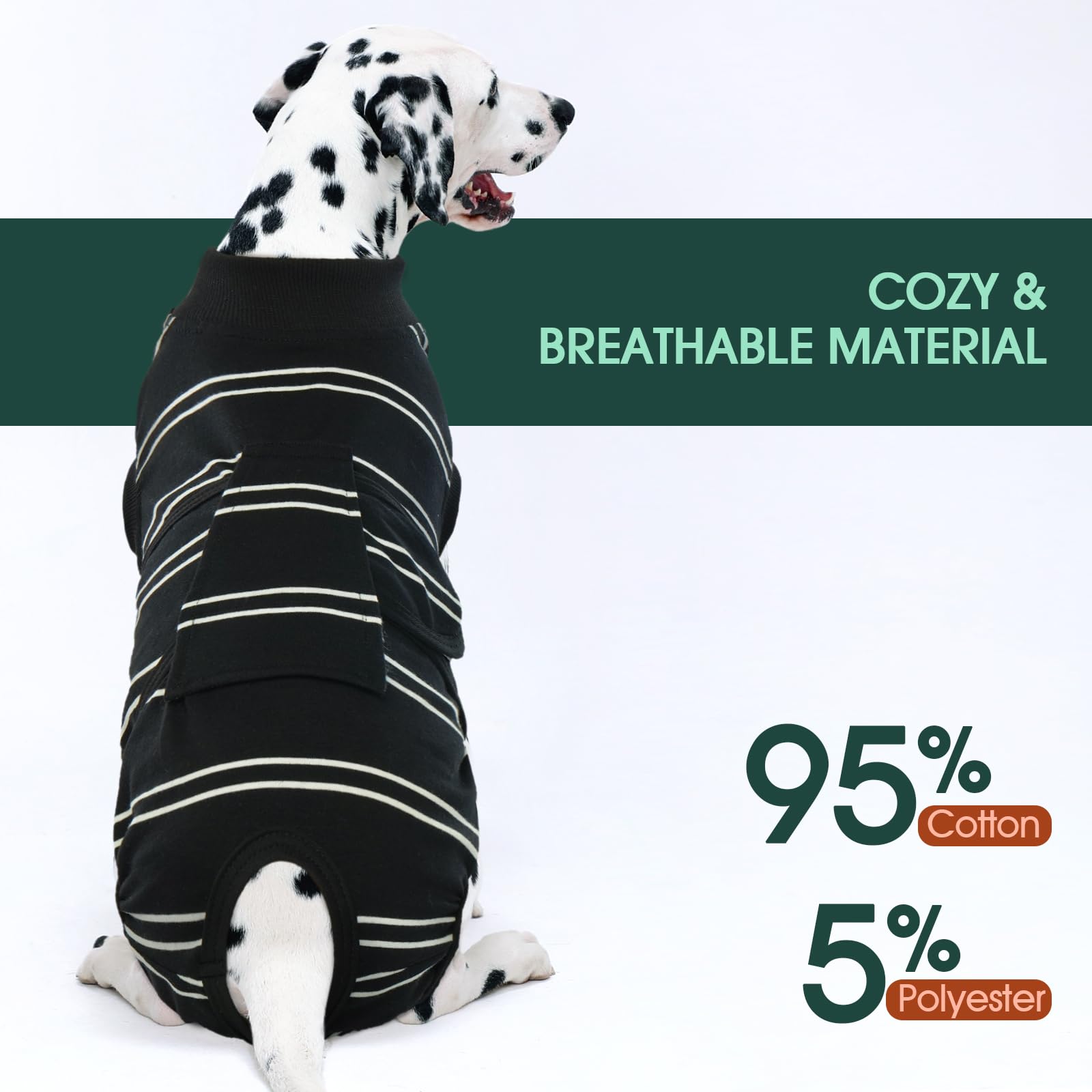 Kuoser dog surgery recovery suit black stripes closeup shows secure fit