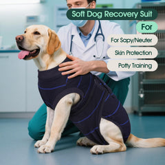 Kuoser dog surgery recovery suit blue stripes side-view showing breathable fit