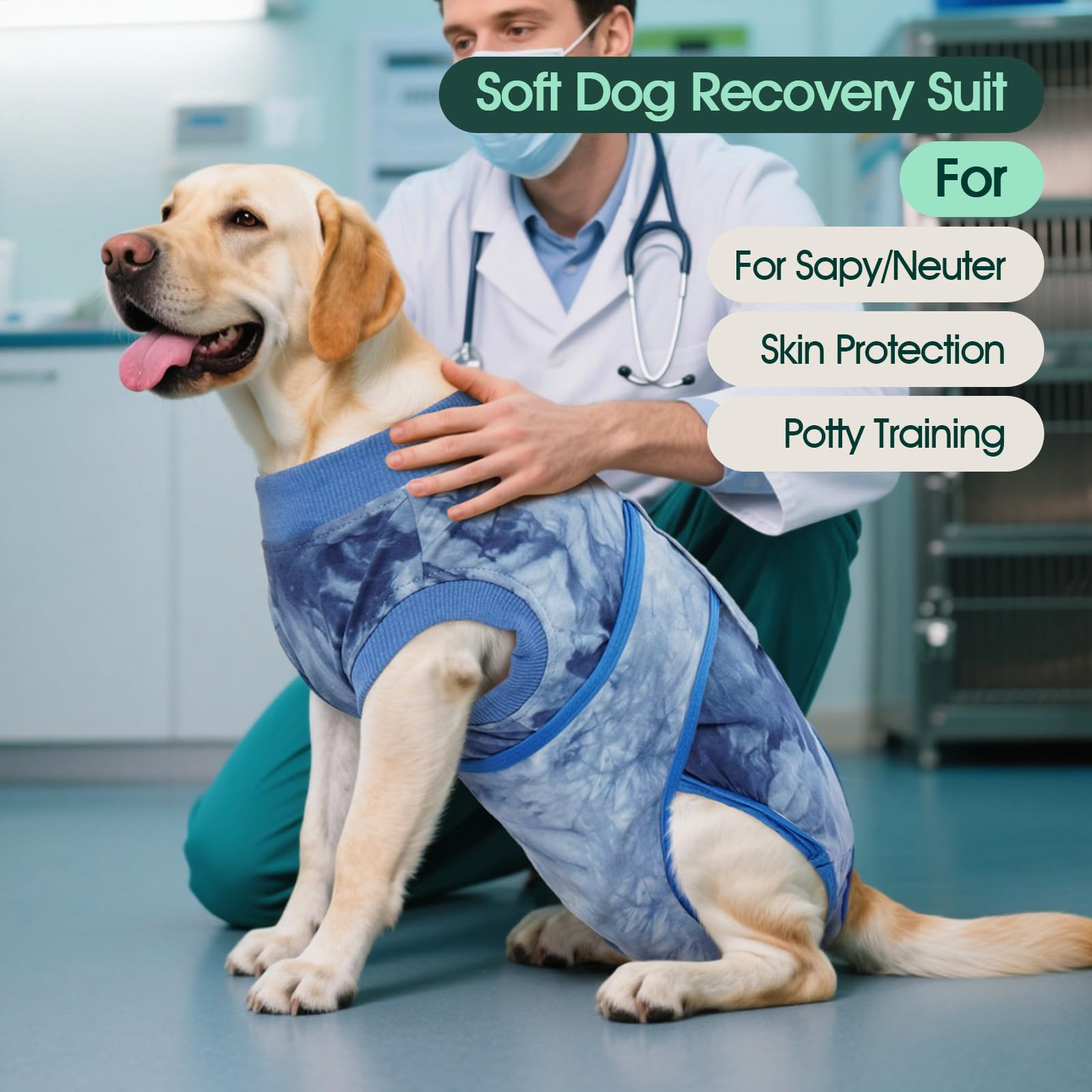 Kuoser dog surgery recovery suit blue tie-dye back view for protection and comfort