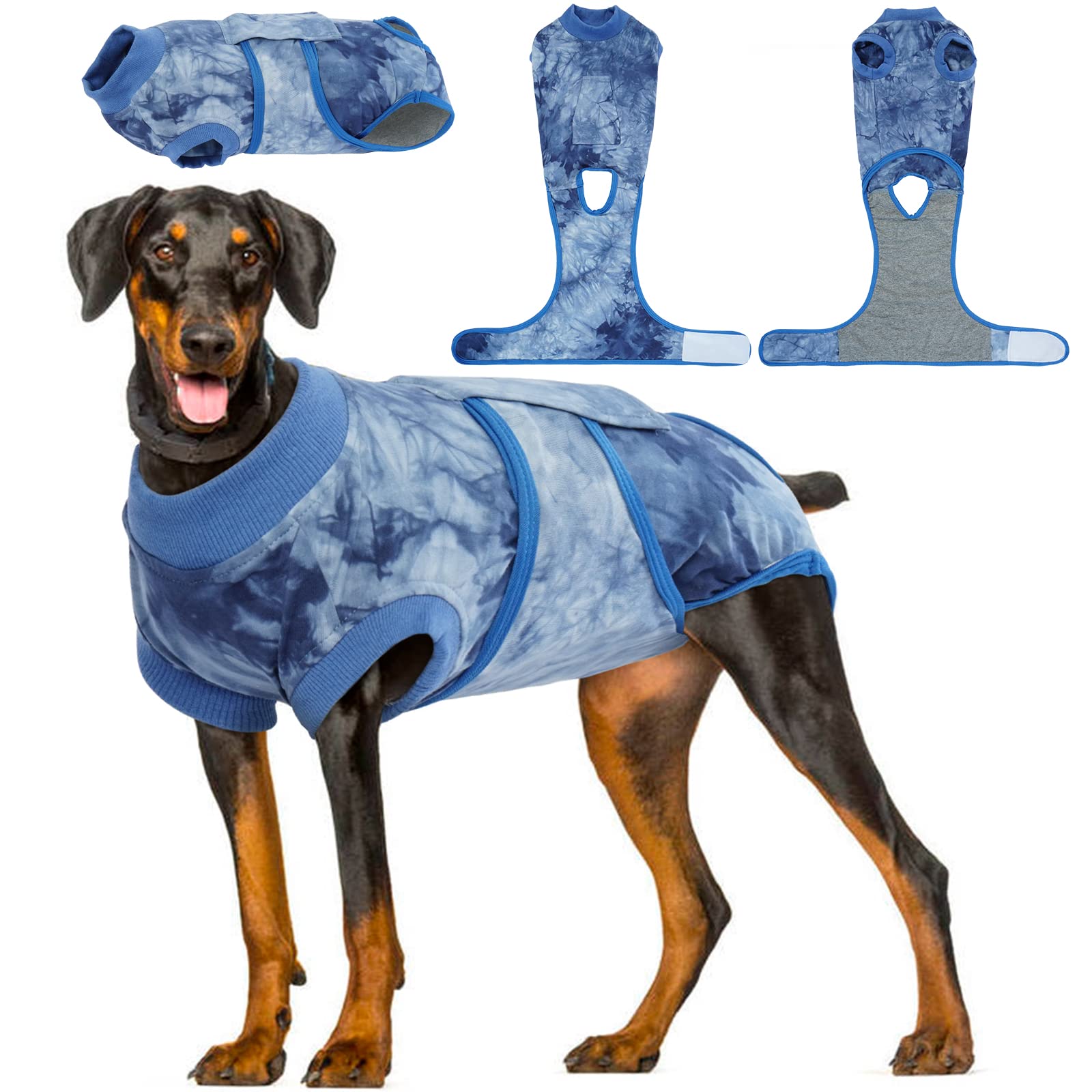 Kuoser dog surgery recovery suit blue tie-dye front view showing comfortable post-op wear