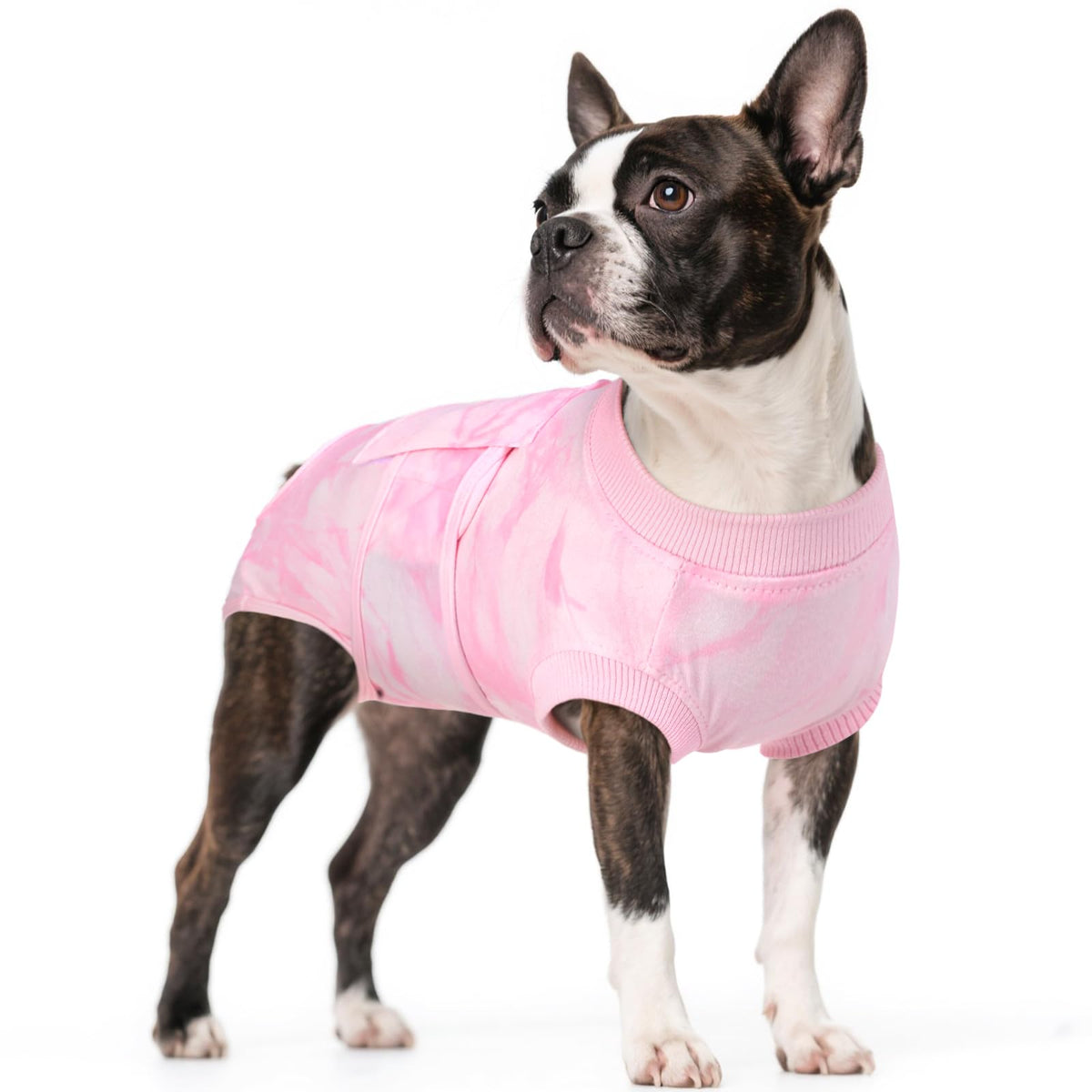 Kuoser dog surgery recovery suit front view shows pink tie-dye design for post-op comfort