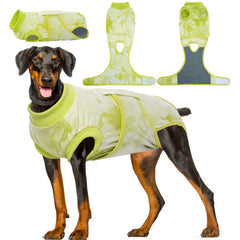 Kuoser dog surgery recovery suit green tie-dye front view, comfortable post-surgery wear