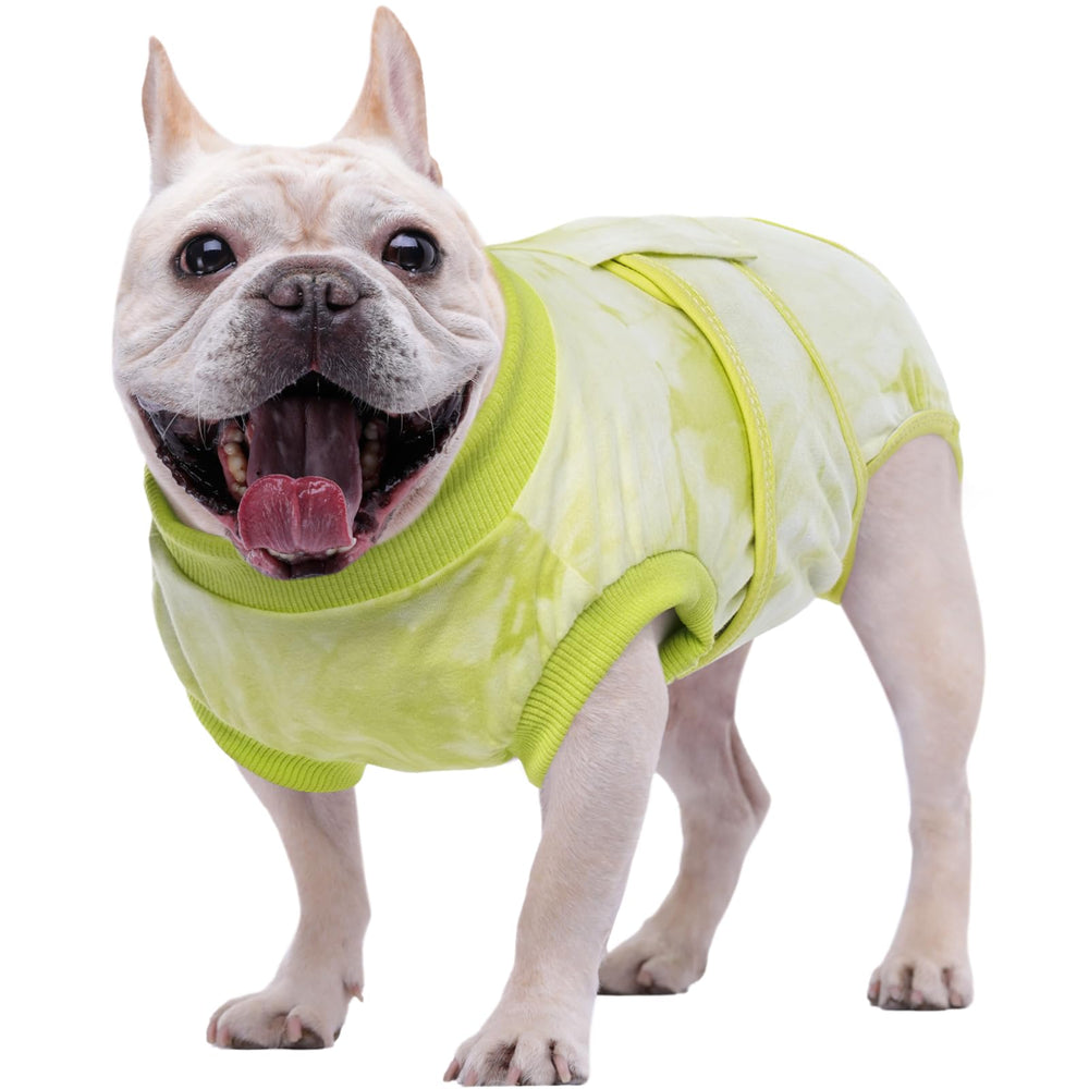 Kuoser dog surgery recovery suit green tie-dye XS front view showing secure comfortable fit