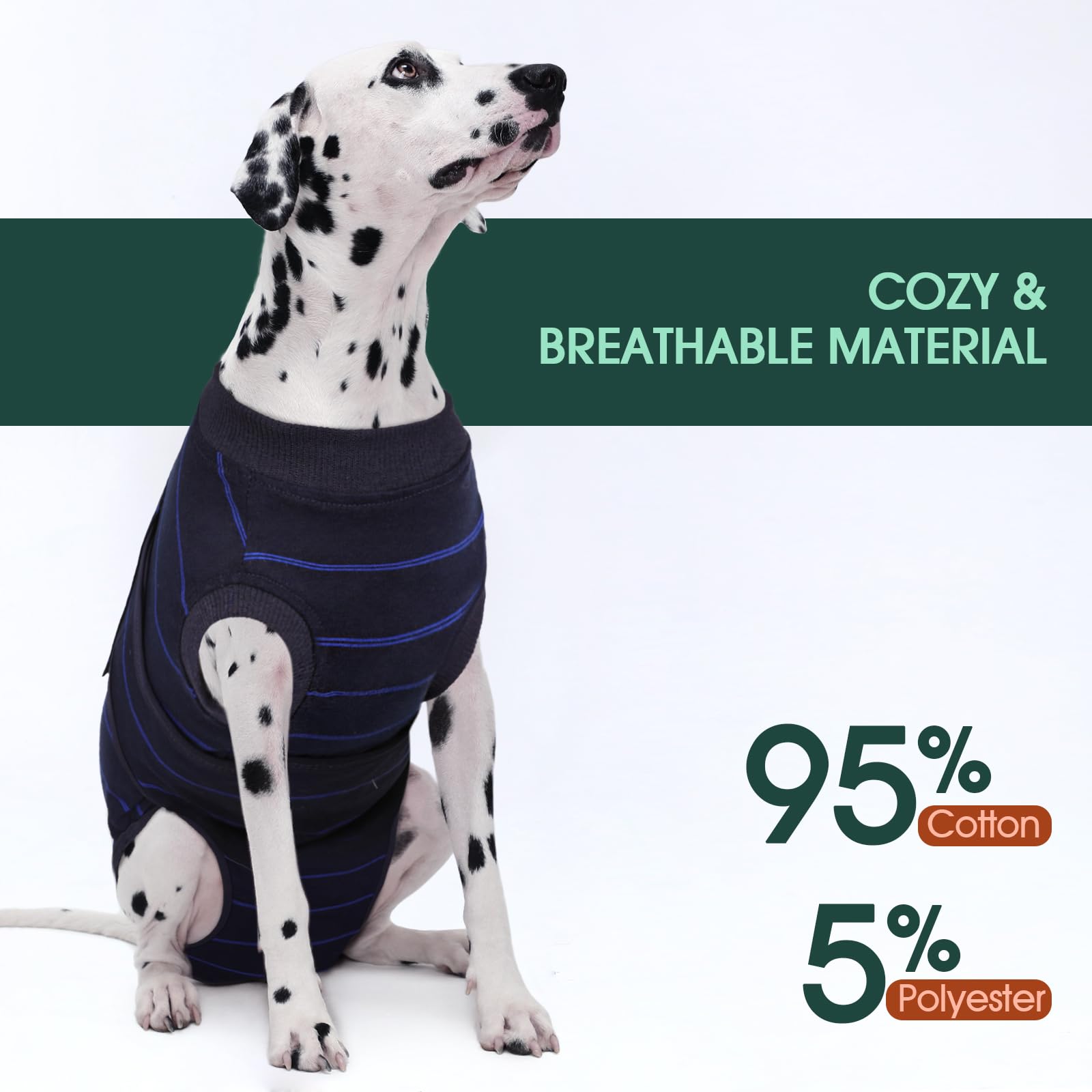Kuoser orange-stripes dog recovery suit on dog for quick post-op visibility