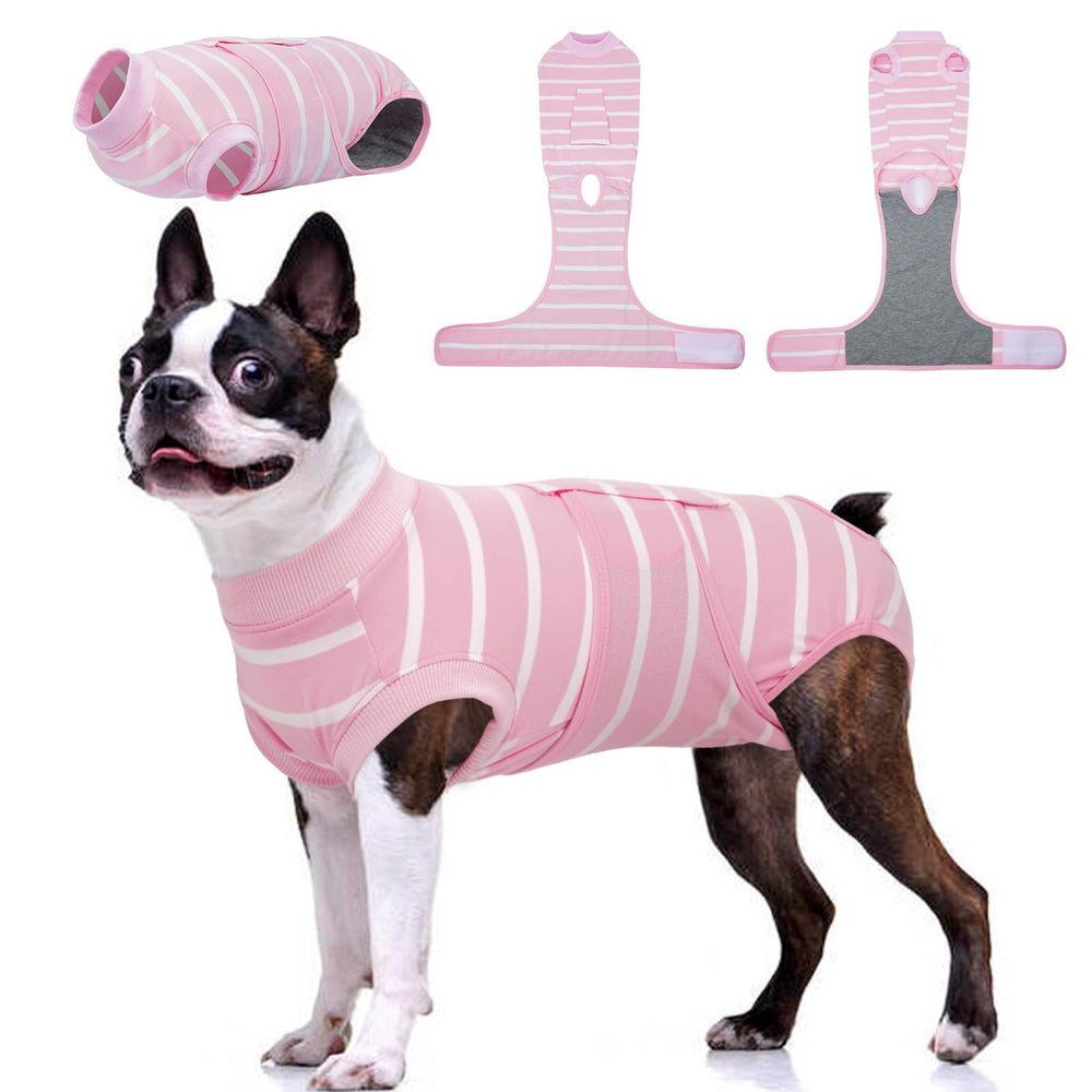 Kuoser dog surgery recovery suit pink strips front view protects surgical incisions