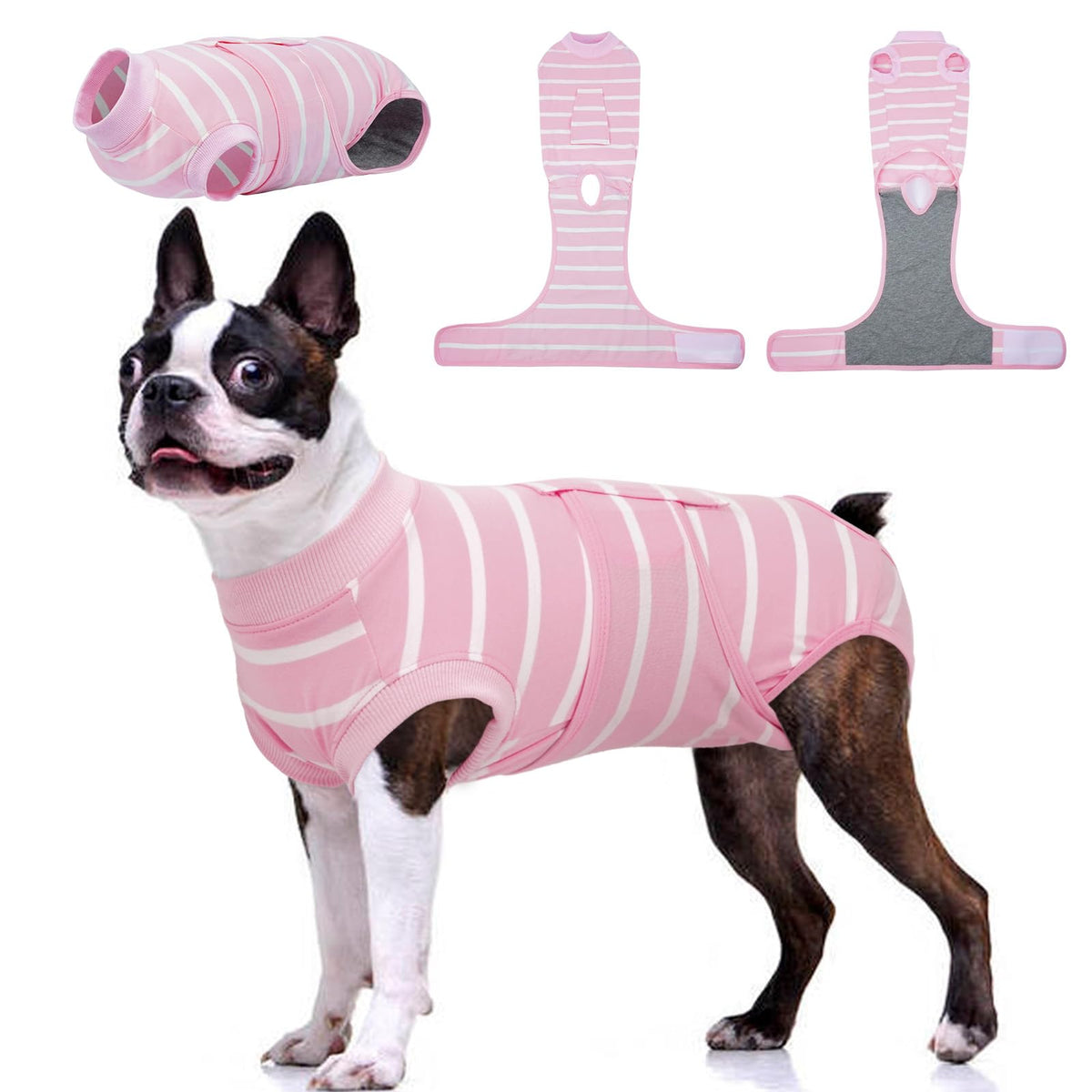 Kuoser dog surgery recovery suit pink strips front view protects surgical incisions