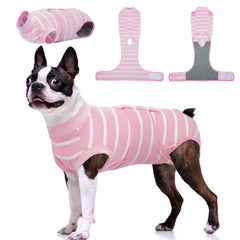 Kuoser dog surgery recovery suit pink strips front view protects surgical incisions