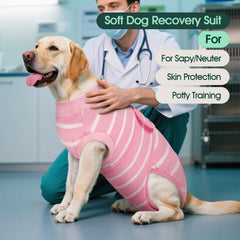 Kuoser dog surgery recovery suit pink strips offers coverage that discourages licking and supports daytime wear.