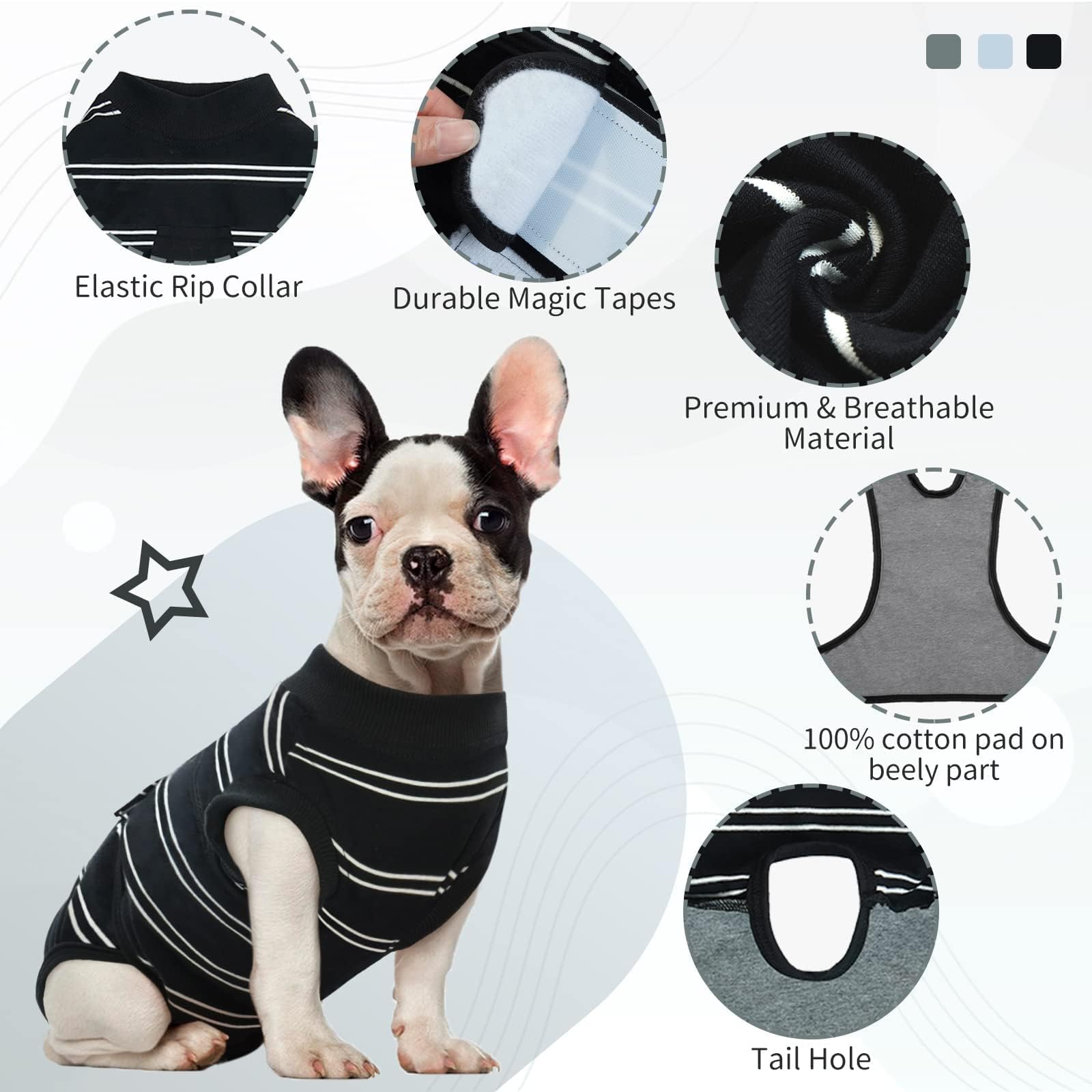 Kuoser dog surgery recovery suit six sizes display ensures better fit.