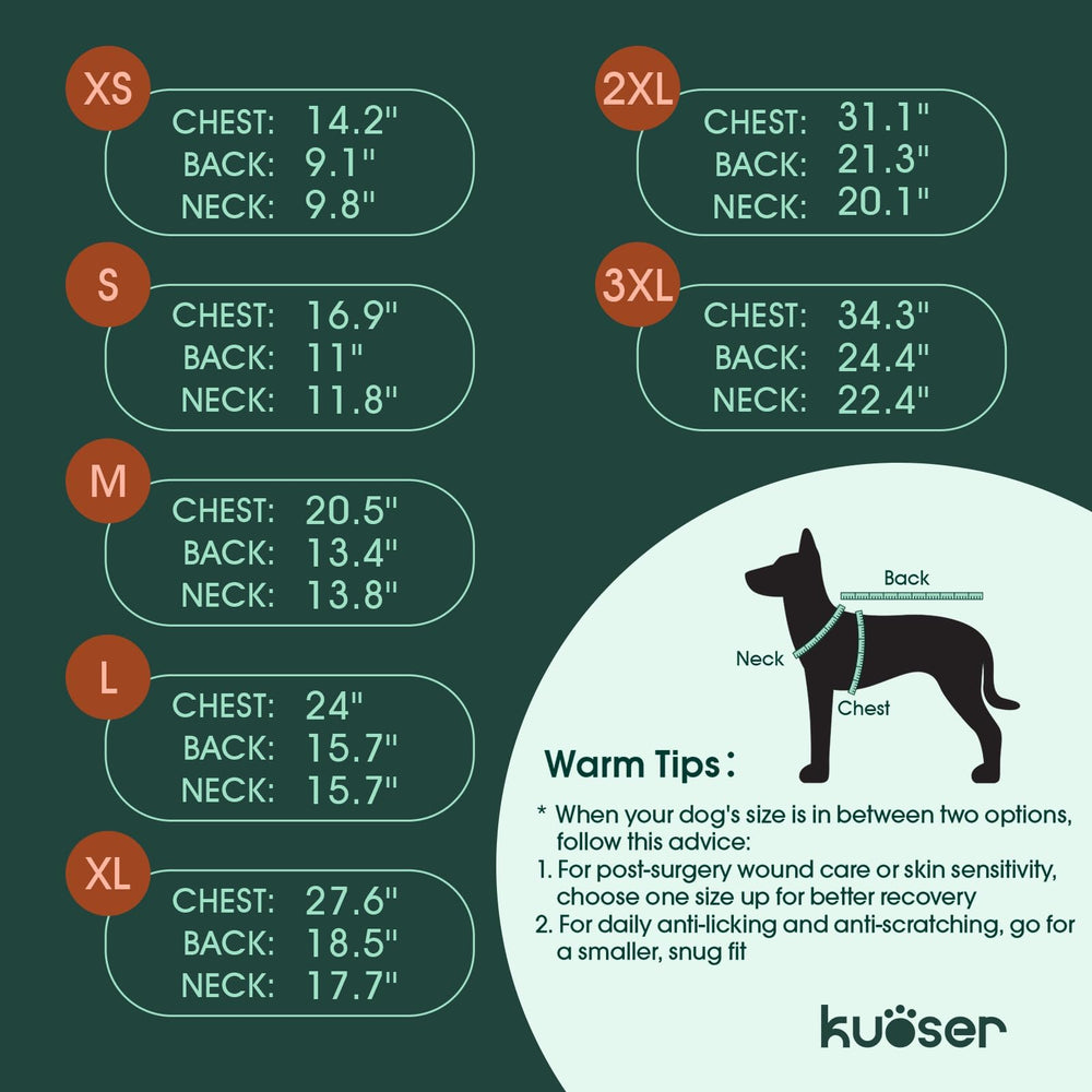 Kuoser dog surgery suit XS back-length guide for accurate post-op sizing.