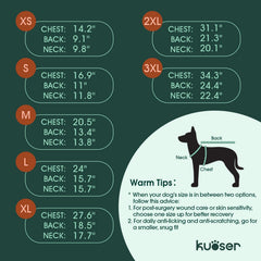 Kuoser dog surgery suit XS back-length guide for accurate post-op sizing.