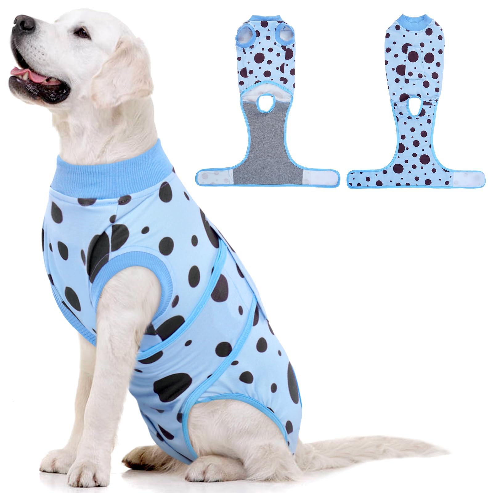 Kuoser dog surgery suit blue polka dots 2XL worn for post-op comfort and wound protection.