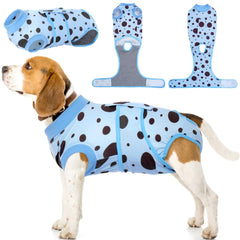 Kuoser Dog Surgery Suit front view in blue polka dots provides post-op protection and comfort