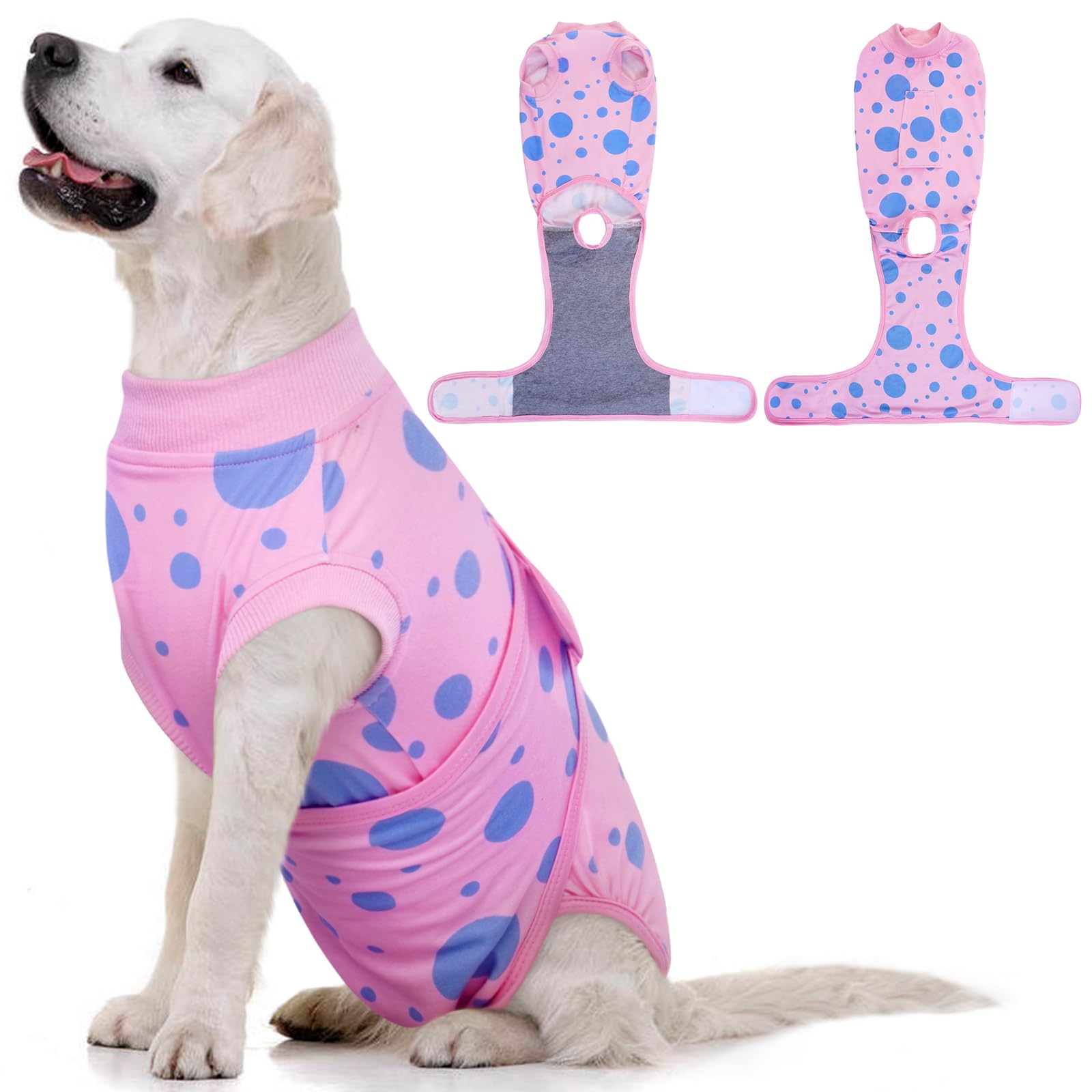 Kuoser dog surgery suit pink polka-dots 2XL front view supports post-op comfort