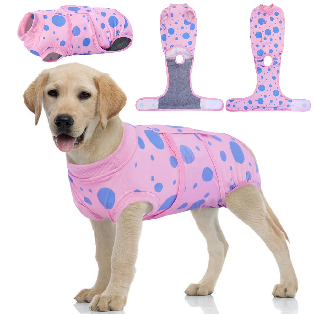 Kuoser dog surgery suit pink polka dots back view offers gentle wound protection.