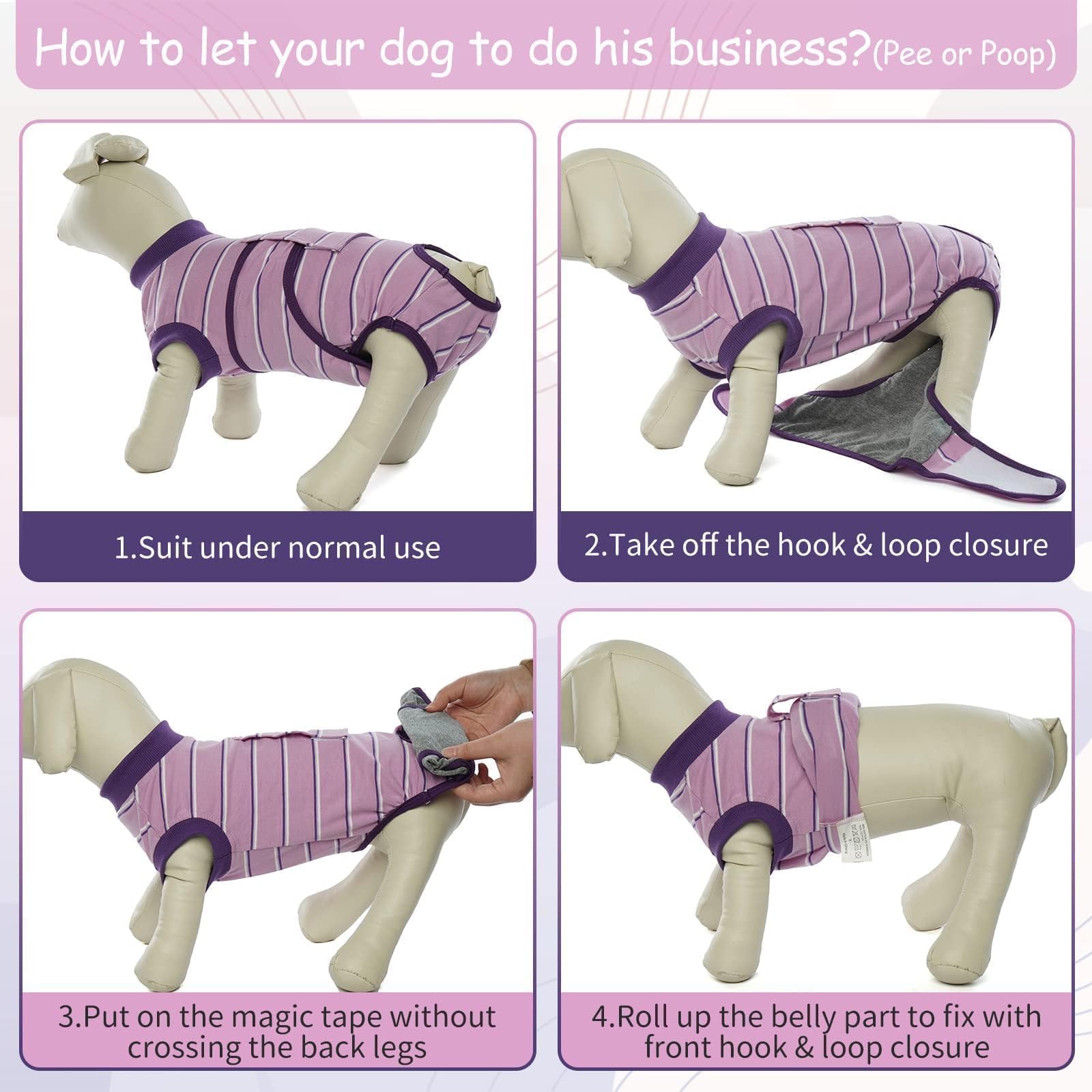 Kuoser purple-strips dog surgery suit bottom-closure with magic-tape securewear close-up.
