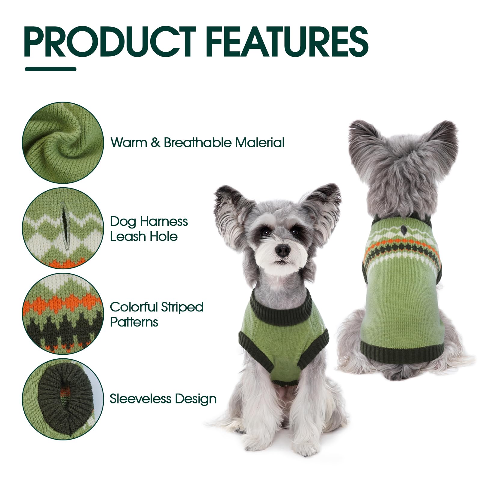 Kuoser dog sweater model wearing showcases festive green wear for holiday photos and daily style.
