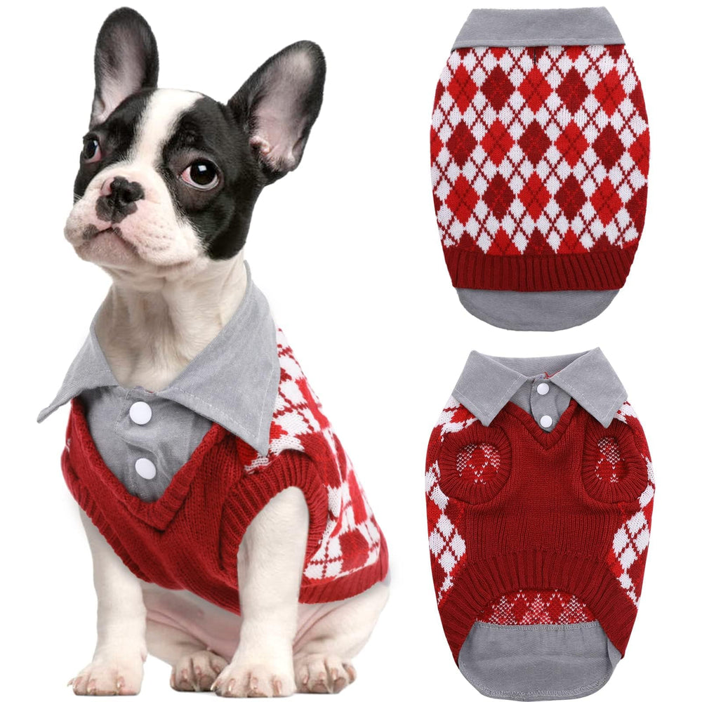 Kuoser plaid dog sweater with harness hole in red XL front view for warm outdoor walks