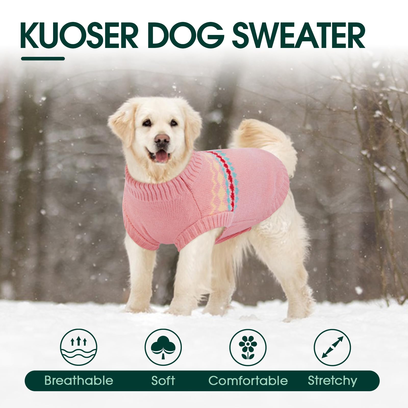 Kuoser dog sweater available in XS to XXL fits many breeds from small to large.