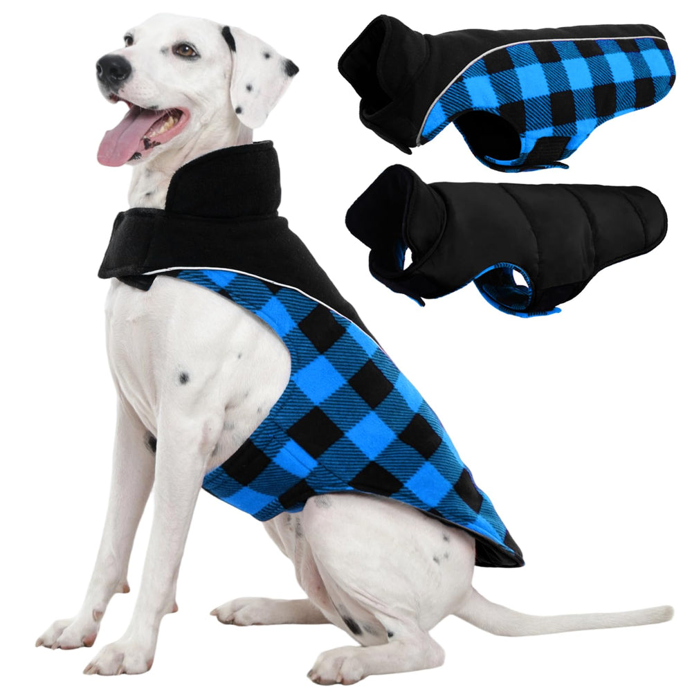 Kuoser dog winter coat with reversible plaid showcases two stylish looks for daily walks.