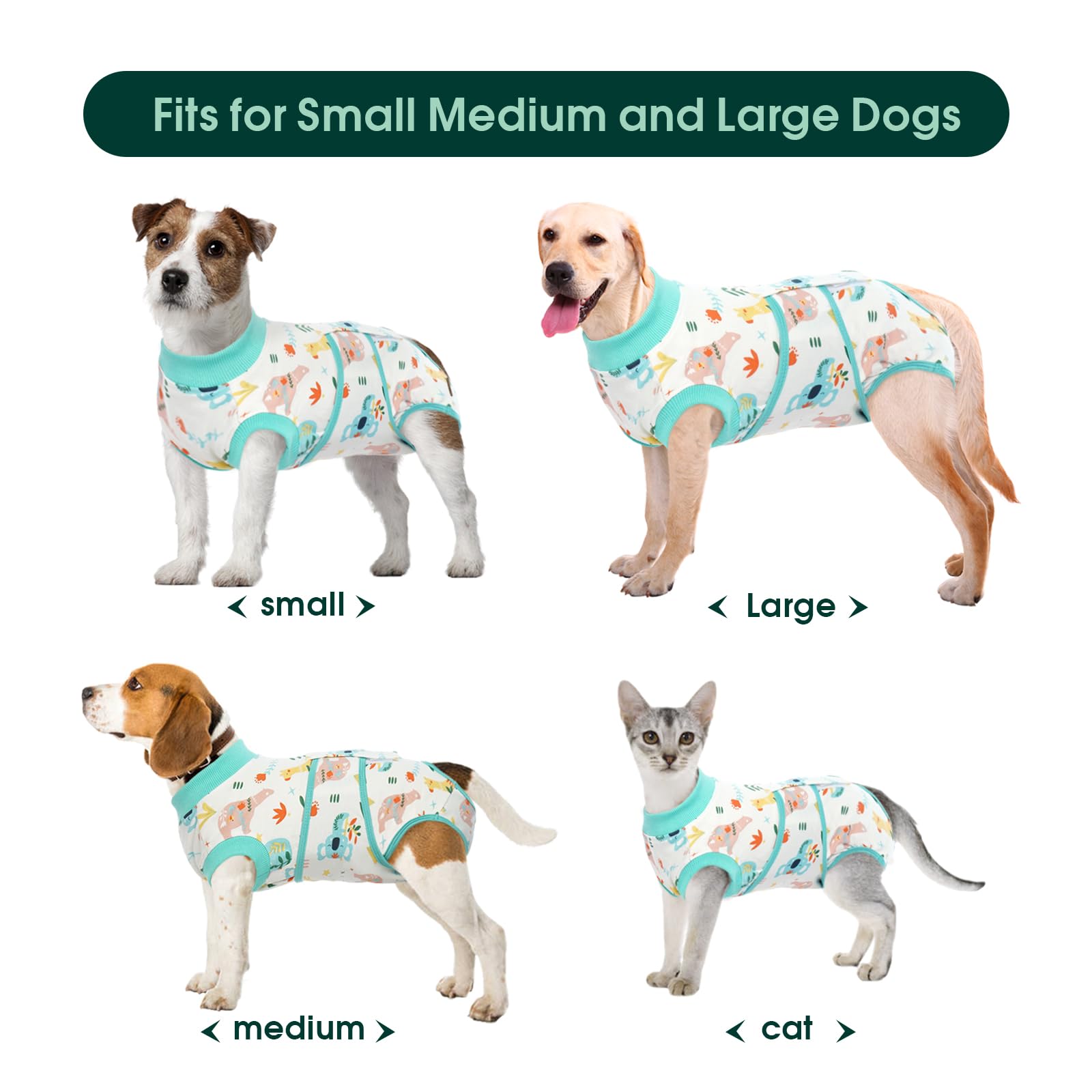 Kuoser recovery suit dog back view highlights full abdominal coverage for post-surgery wear.