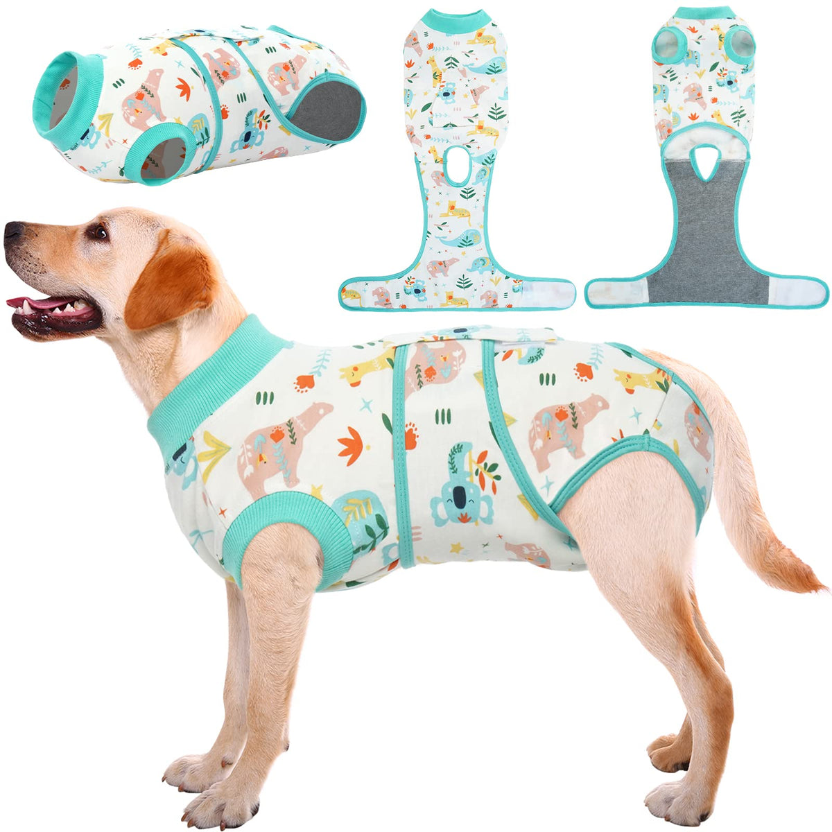Kuoser recovery suit dog front view helps prevent licking wounds during recovery.