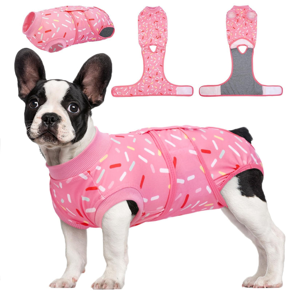 Kuoser recovery suit for dogs in soft polyester provides comfortable post-surgery wear.
