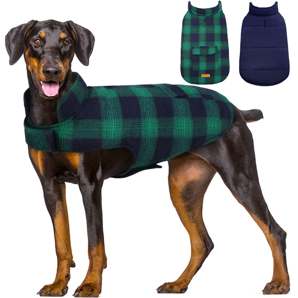 Kuoser reversible dog jacket plaid side on a large dog showing festive warmth
