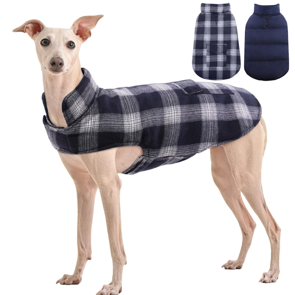 Kuoser reversible winter coat blue front view keeps your dog warm on cold walks.
