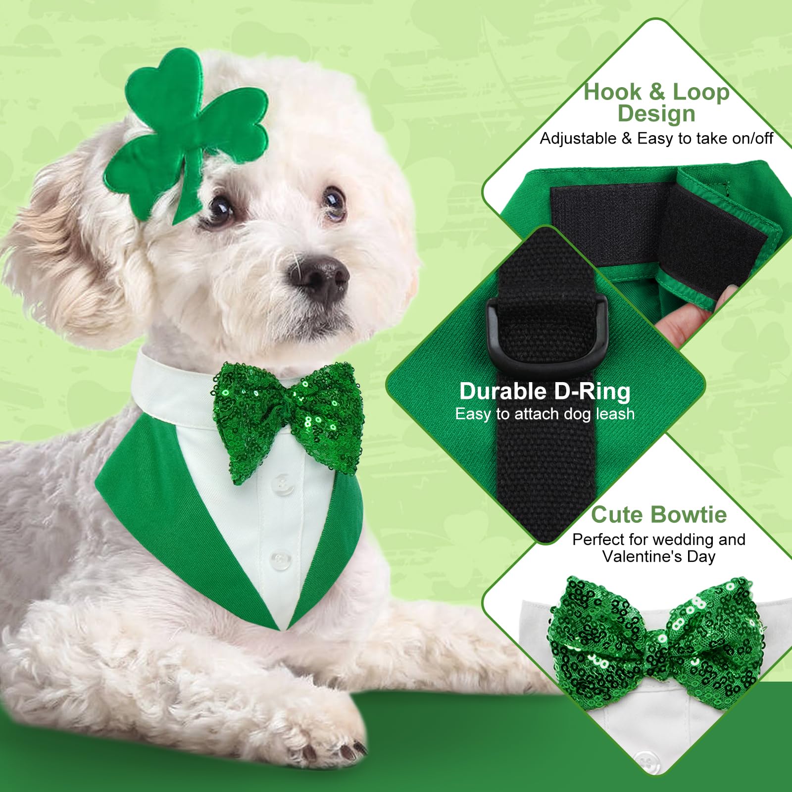 Kuoser St. Patrick's Day bow tie with hook-and-loop closure for easy dressing.