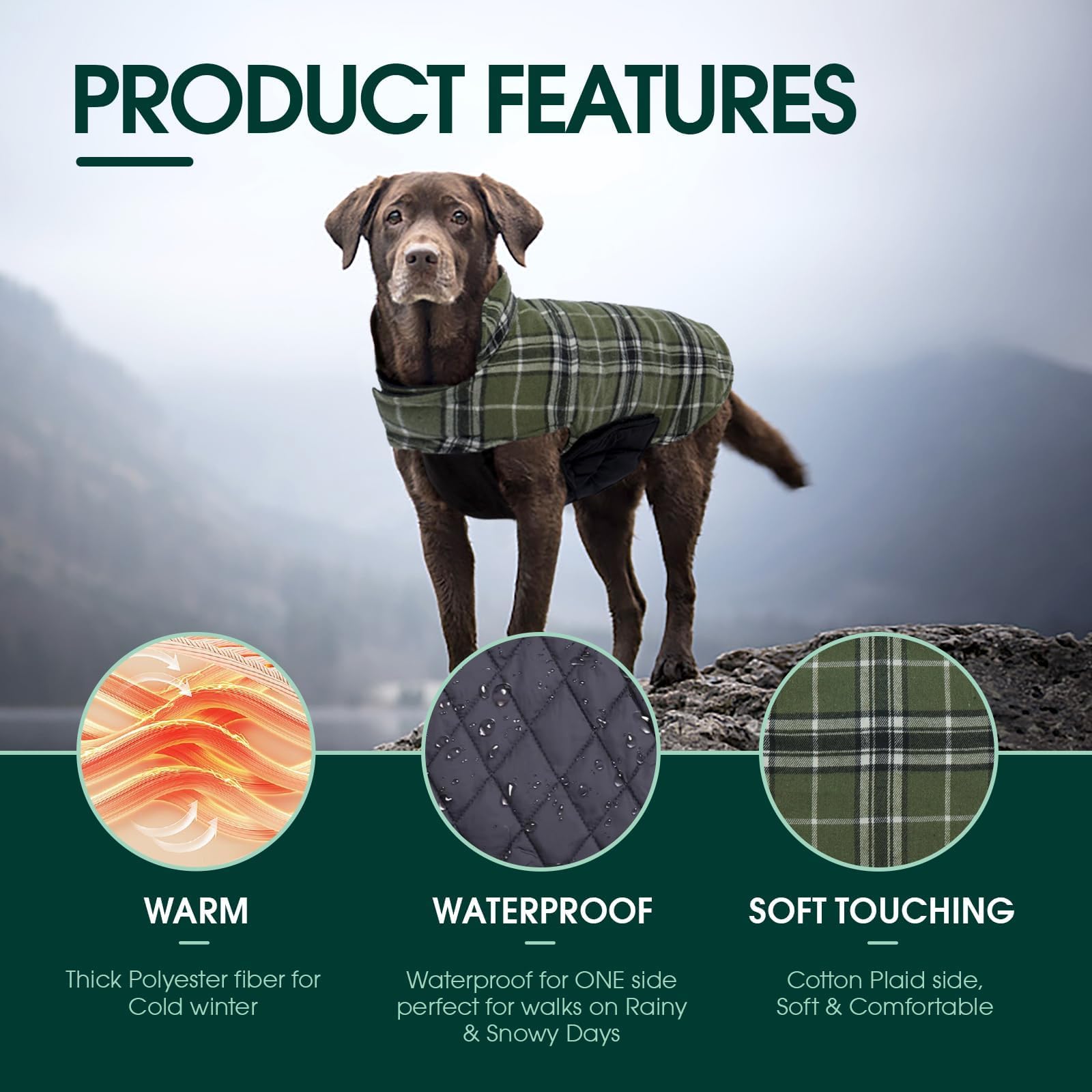 Kuoser warm dog coat reversible side demonstrates two looks in one.