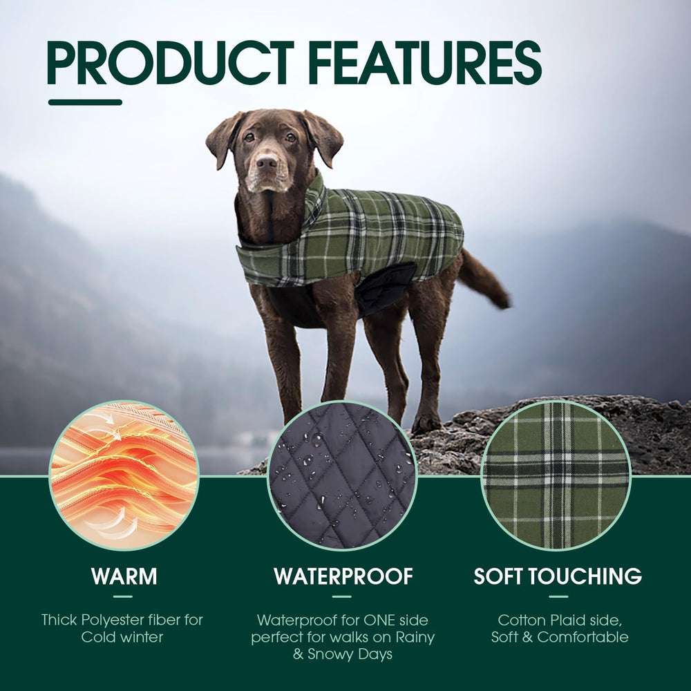 Kuoser warm dog coat reversible side demonstrates two looks in one.