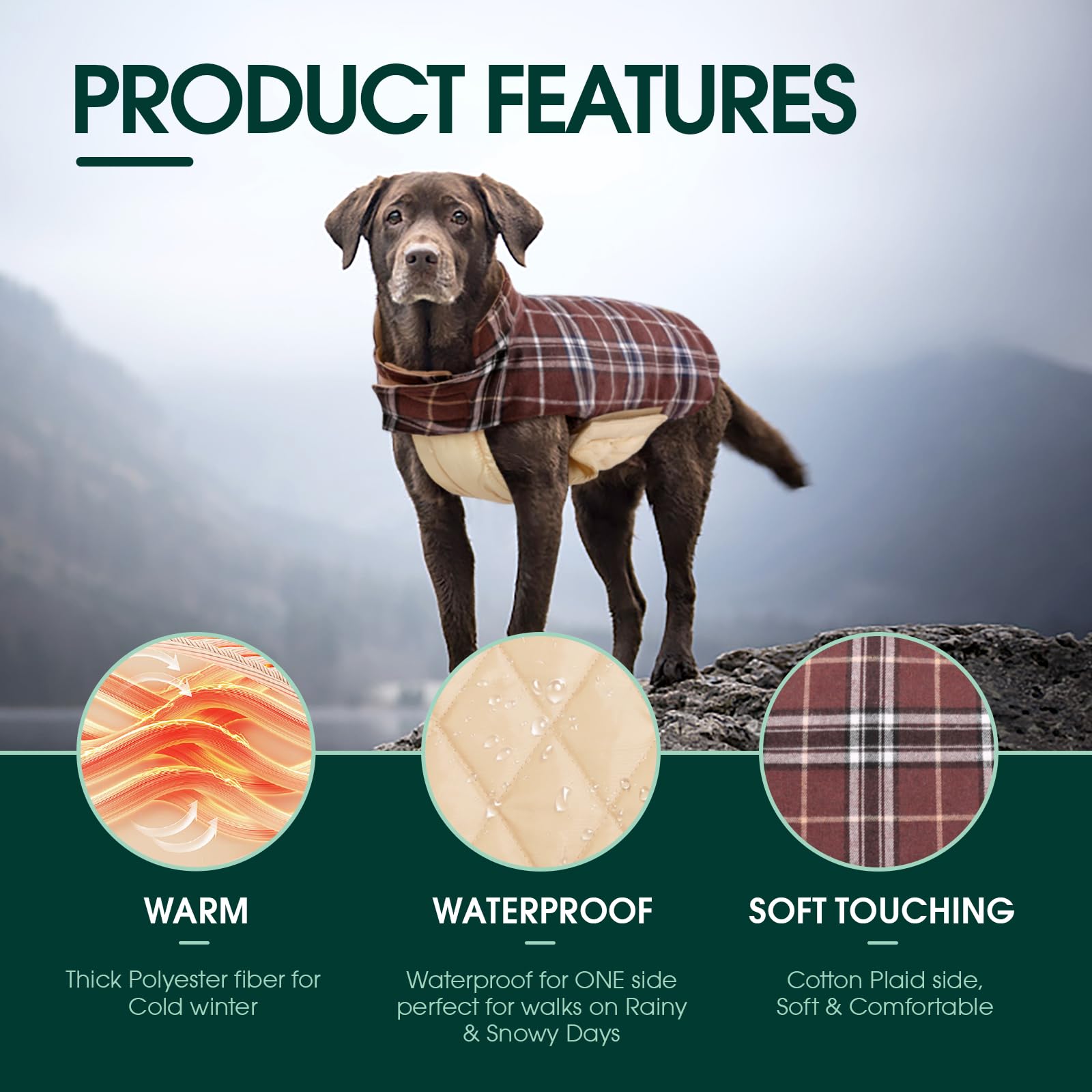 Kuoser waterproof dog coat reversible outer-inner sides feature dual styling.