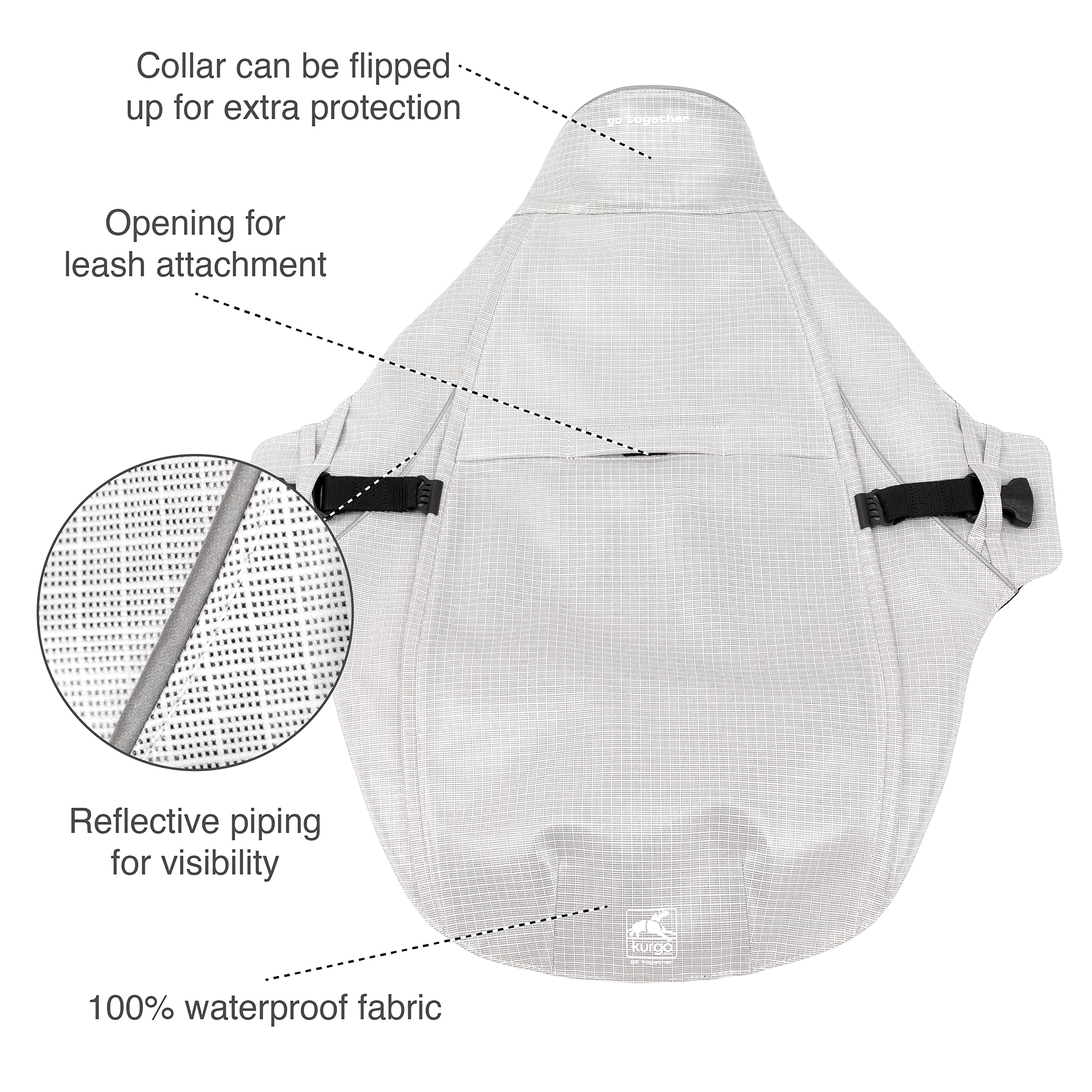 Kurgo Halifax Rain Shell leash opening demonstrates harness-friendly access in wet weather.