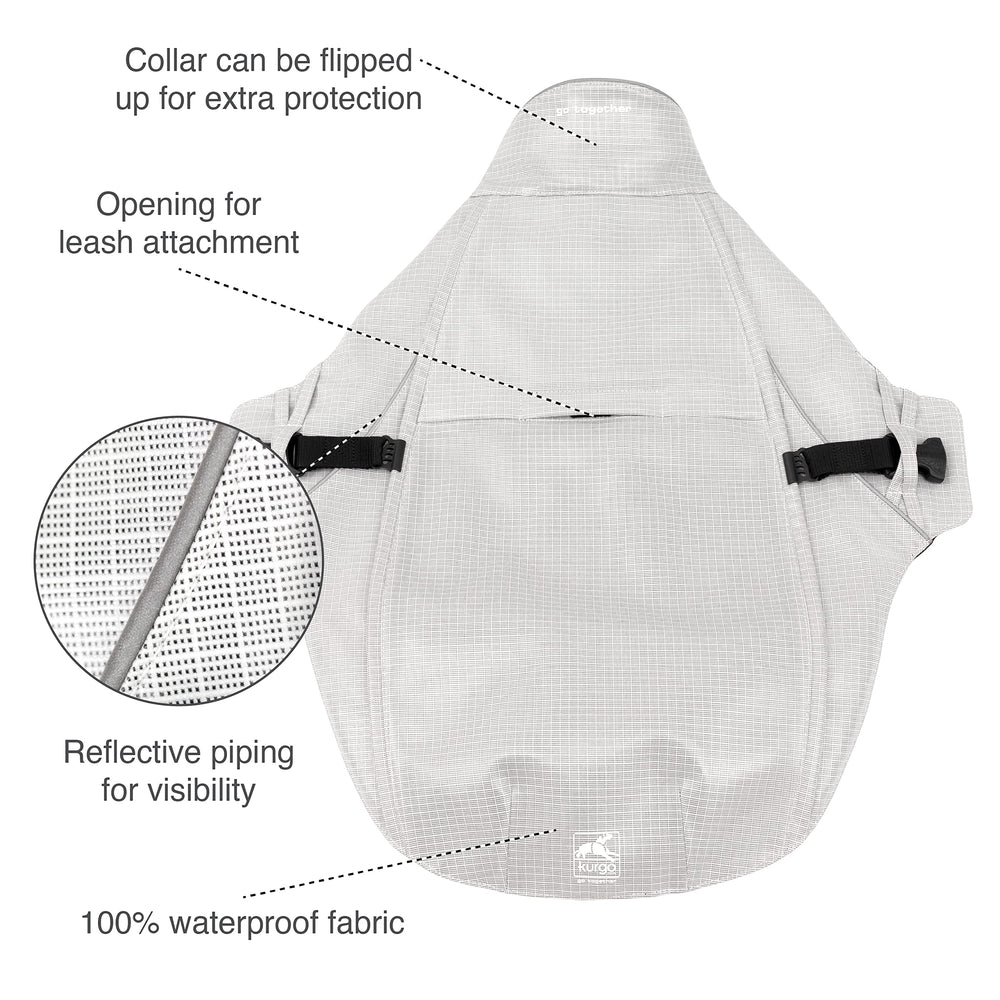 Kurgo Halifax Rain Shell shows leash opening for harness-ready layering in weather