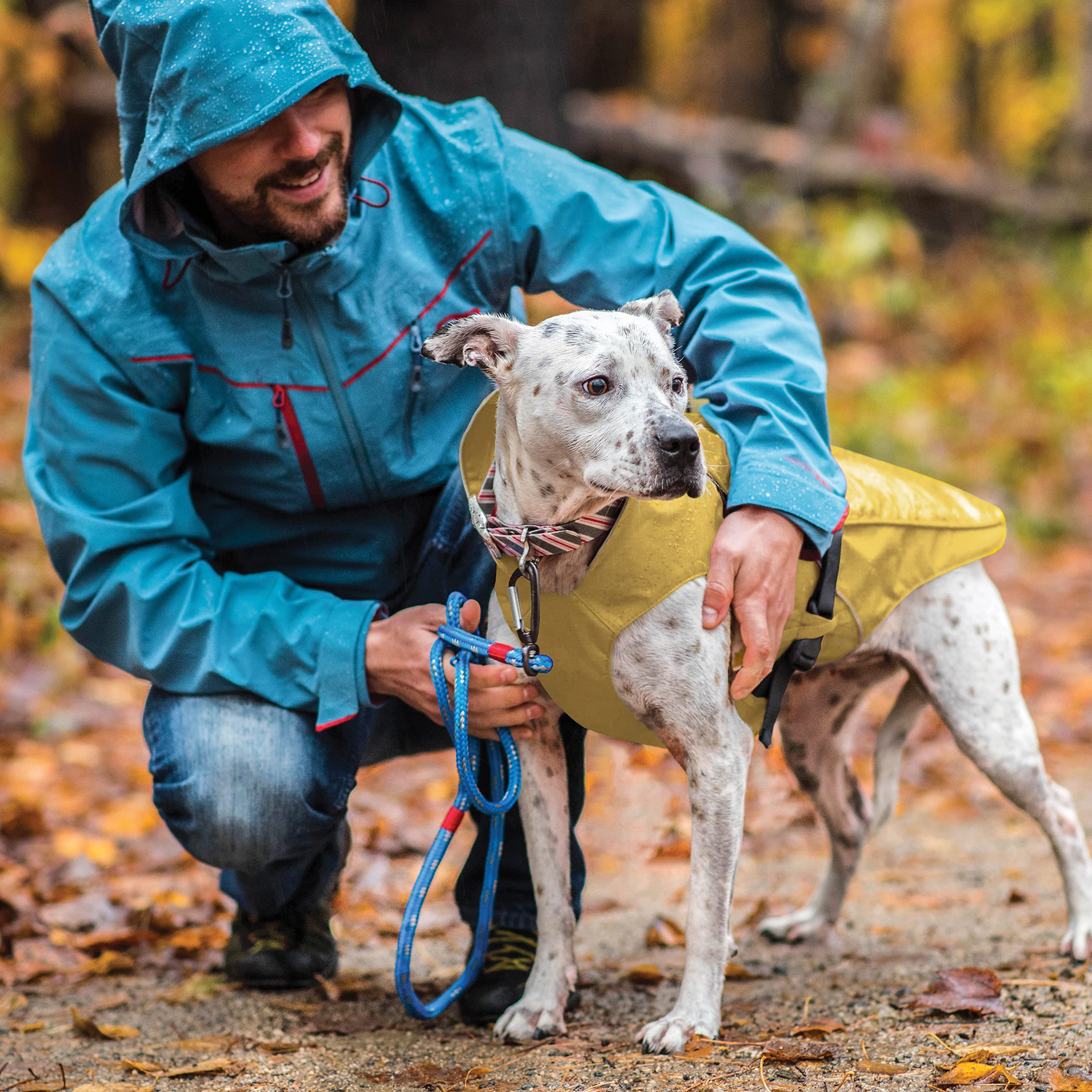 Kurgo Halifax Rain Shell with reflective piping for nighttime visibility on walks