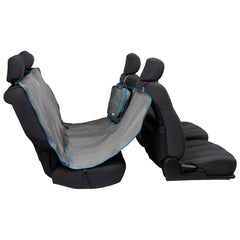 Kurgo Heather Hammock installed on backseat keeps dogs secure during car trips.