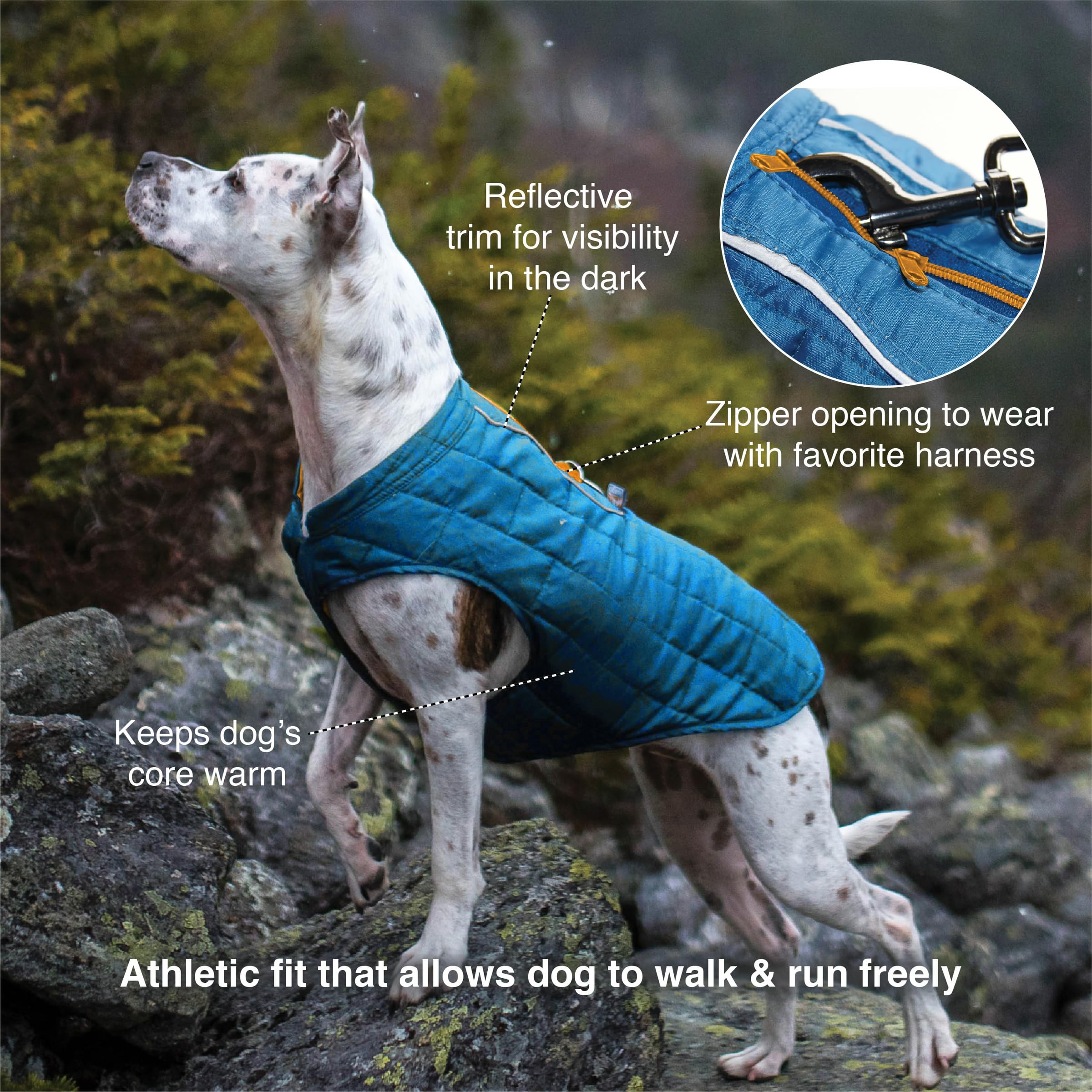 Kurgo Loft Dog Jacket reversible inside-out option shows two color choices for varied outdoor looks.