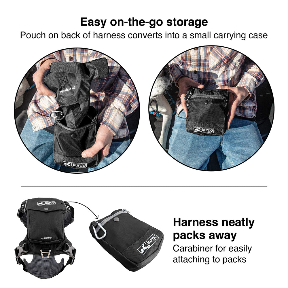 Kurgo Stash n' Dash Harness showing front and back leash attachments for versatility.