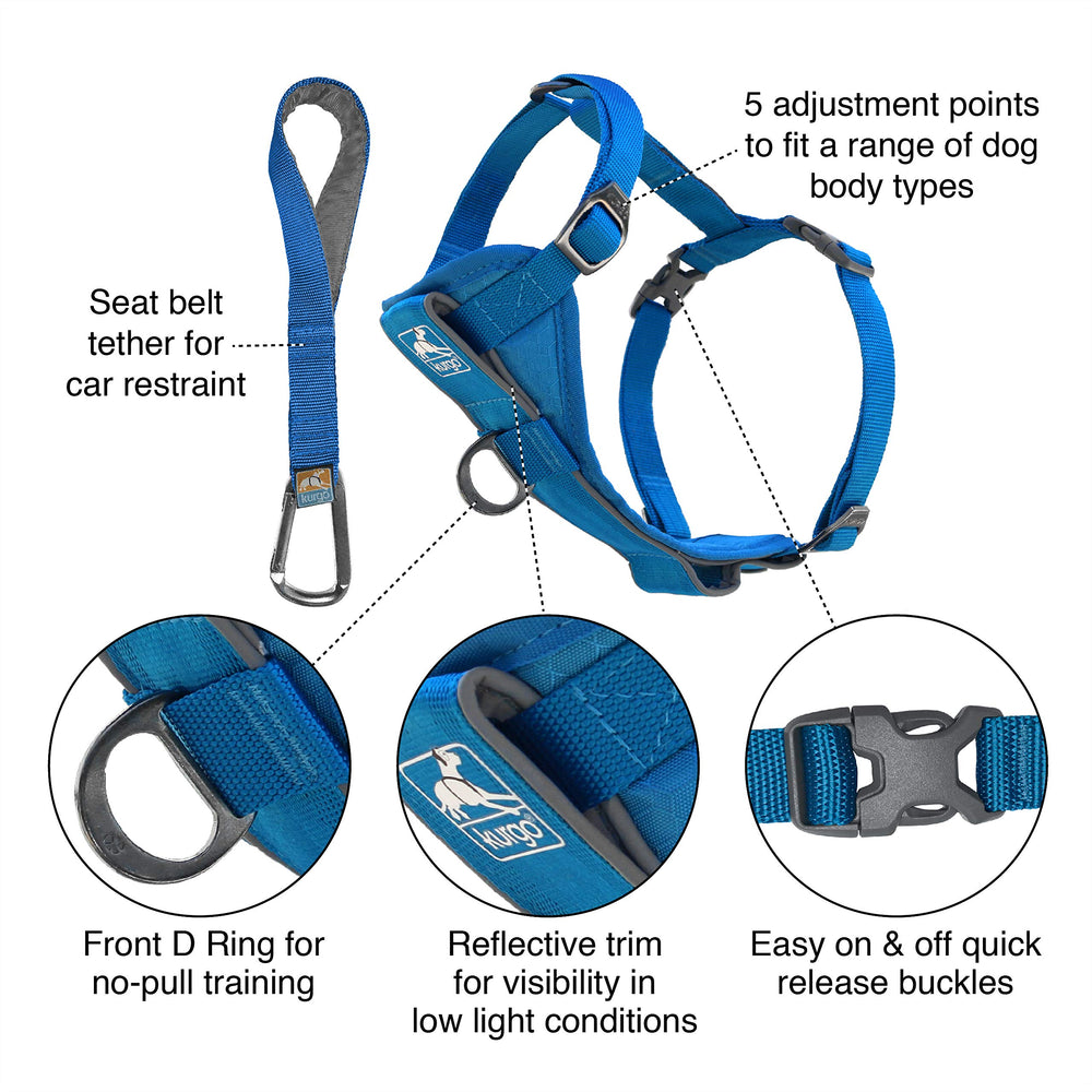 Kurgo Tru-Fit blue harness side view highlights five-point adjustability for a snug fit.