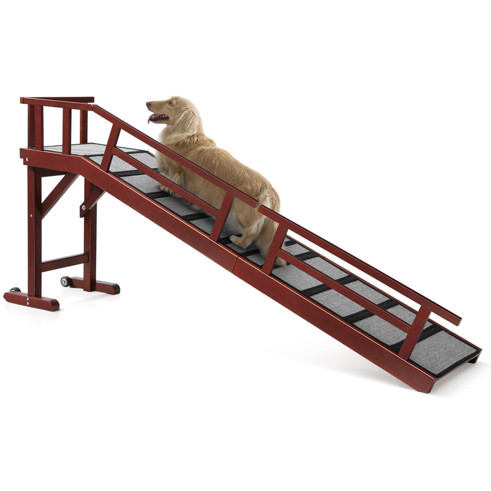 KUVETO dog ramp for bed angled view highlights mahogany finish and sturdy construction.