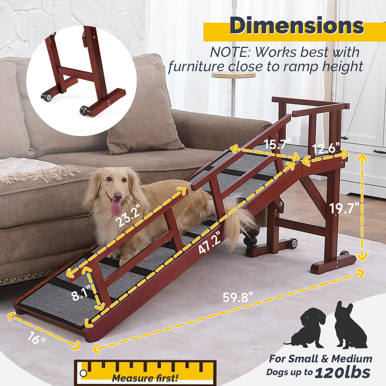 KUVETO dog ramp with removable rails shows adjustable safety in mahogany finish.