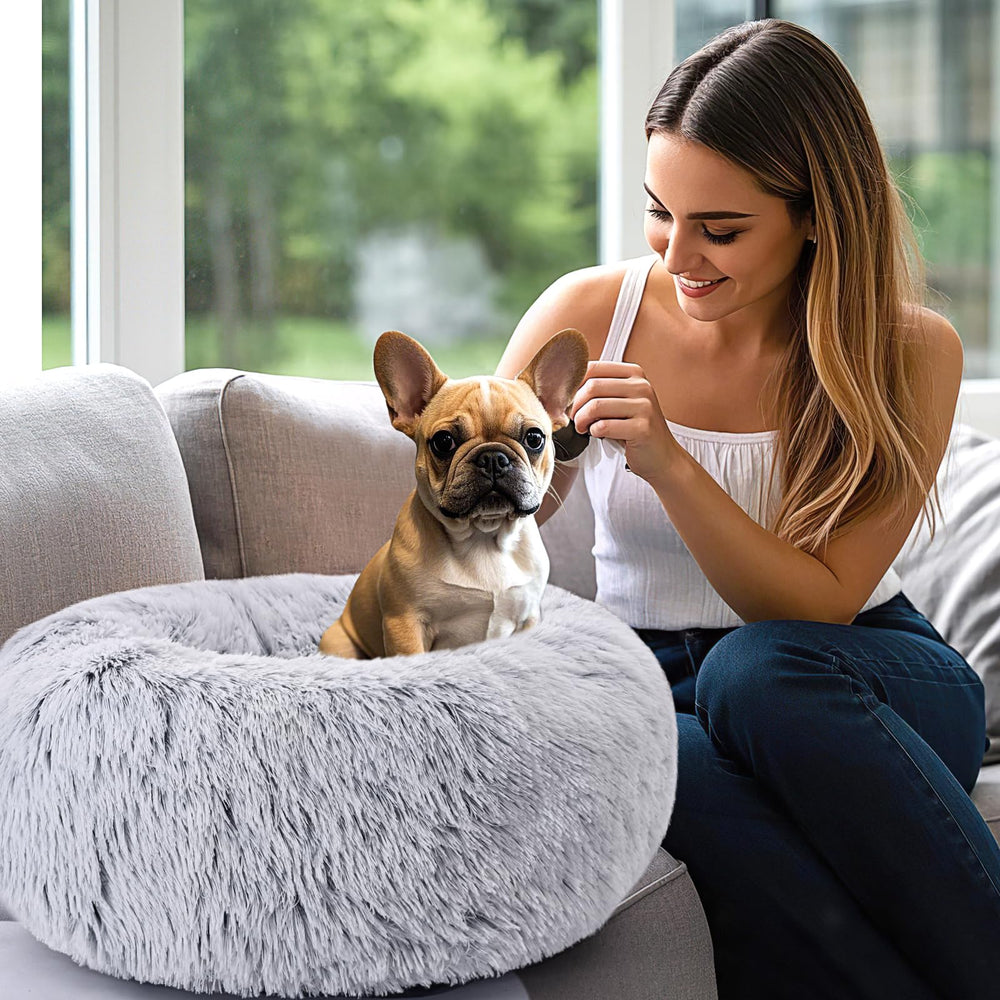 KXK grey and white plush bed adds cozy style to any space.