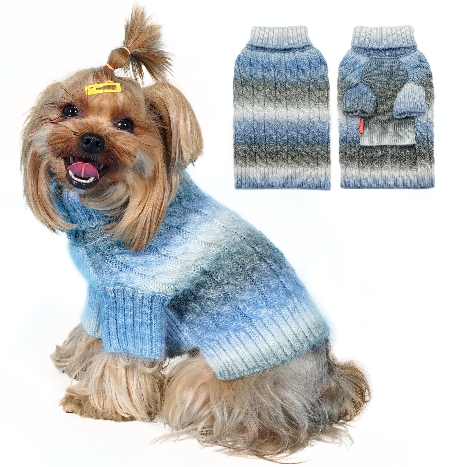 KYEESE Dog Sweater front view in blue gradient showing cozy warmth for small dogs