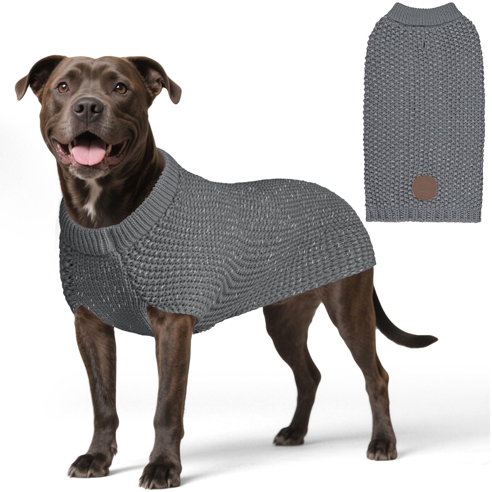 KYEESE dog sweater grey large front view for safe, easy walks at night.