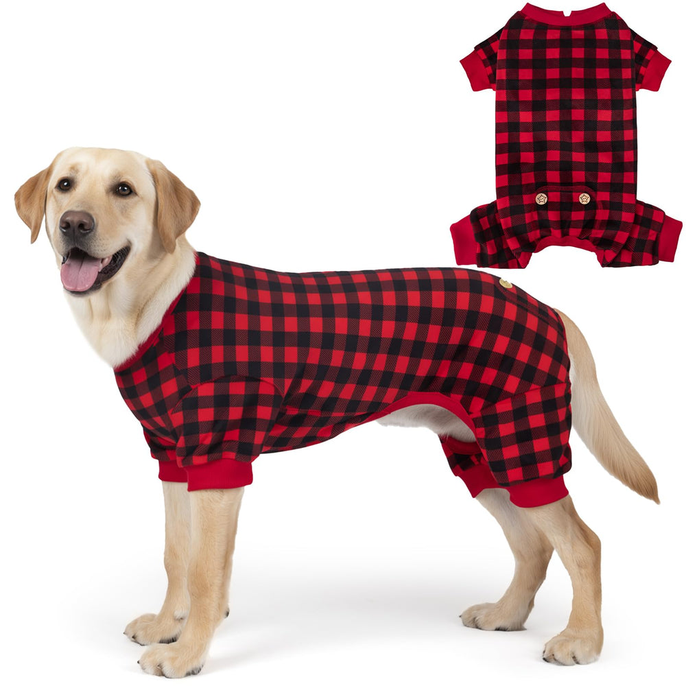 KYEESE Christmas velvet dog pajamas in red buffalo check for cozy holiday warmth.