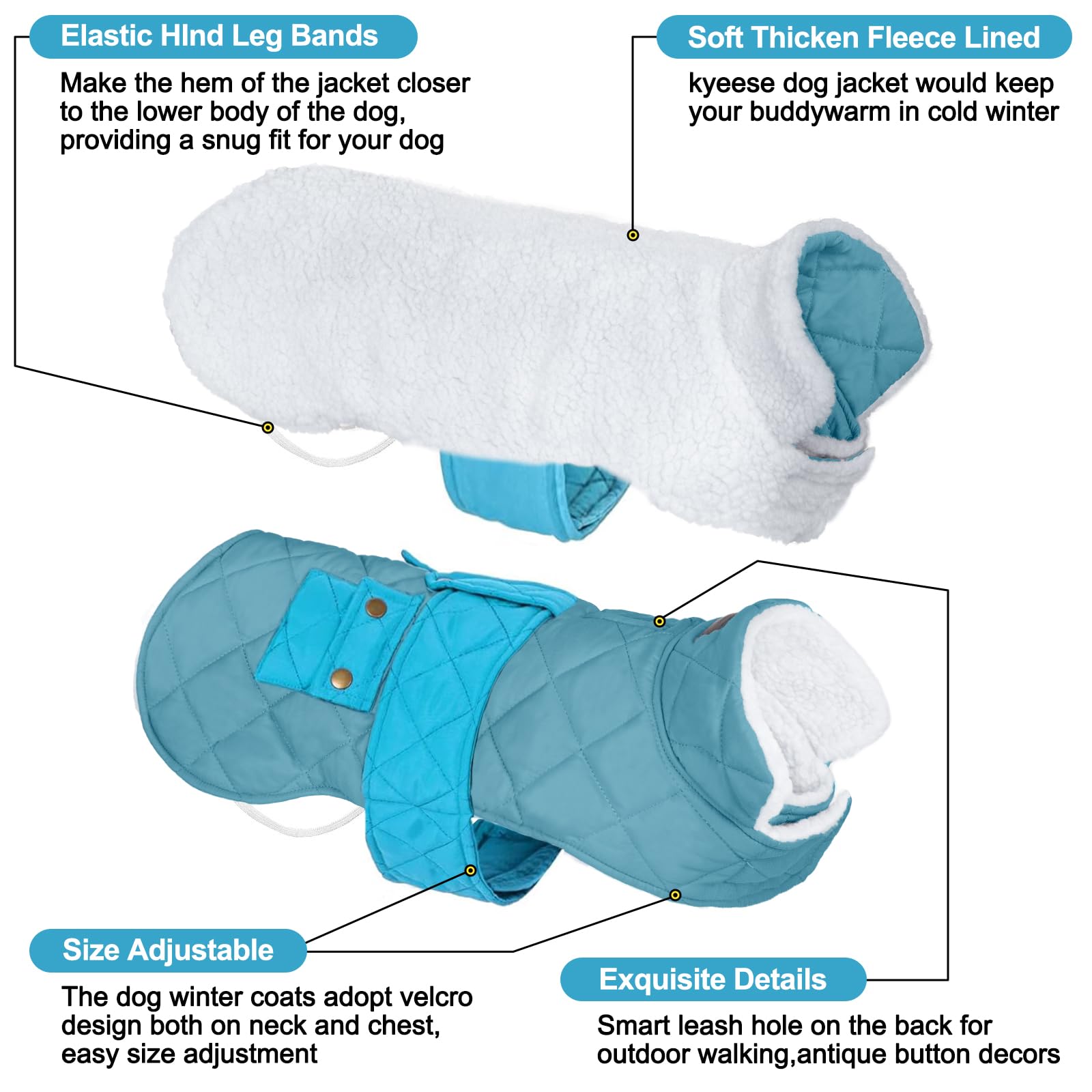 KYEESE dog coat adjustable velcro straps offer a comfy, customizable fit.